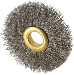 Value Collection - 2-1/2" OD, 1/2" Arbor Hole, Crimped Stainless Steel Wheel Brush - 3/8" Face Width, 3/4" Trim Length, 0.012" Filament Diam, 15,000 RPM - Eagle Tool & Supply