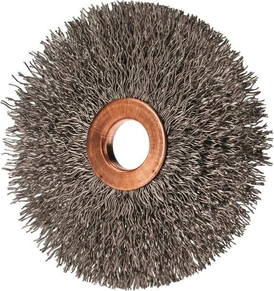 Value Collection - 3" OD, 1/2" Arbor Hole, Crimped Stainless Steel Wheel Brush - 3/8" Face Width, 1" Trim Length, 0.012" Filament Diam, 15,000 RPM - Eagle Tool & Supply