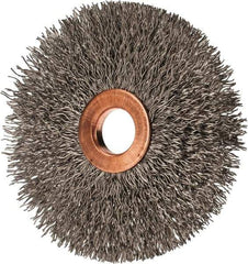 Value Collection - 3" OD, 1/2" Arbor Hole, Crimped Stainless Steel Wheel Brush - 3/8" Face Width, 1" Trim Length, 0.012" Filament Diam, 15,000 RPM - Eagle Tool & Supply