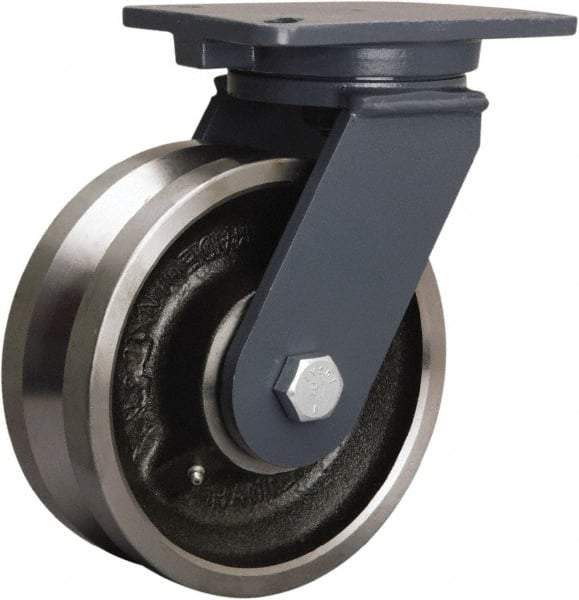 Hamilton - 8" Diam x 3" Wide, Forged Steel Swivel Caster - 4,000 Lb Capacity, Top Plate Mount, 5-1/4" x 7-1/4" Plate, Straight Roller Bearing - Eagle Tool & Supply