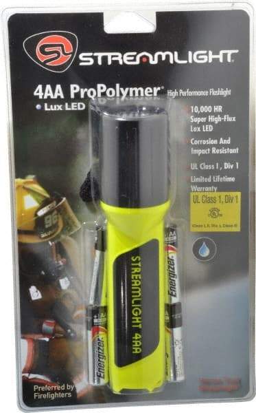 Streamlight - White LED Bulb, 100 Lumens, Industrial/Tactical Flashlight - Yellow Plastic Body, 4 AA Alkaline Batteries Included - Eagle Tool & Supply