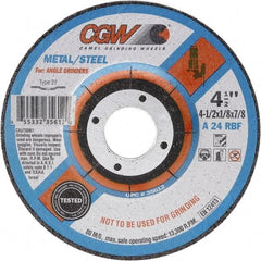 Camel Grinding Wheels - 24 Grit, 5" Wheel Diam, 1/8" Wheel Thickness, Type 27 Depressed Center Wheel - Coarse Grade, Aluminum Oxide, Resinoid Bond, 12,250 Max RPM - Eagle Tool & Supply
