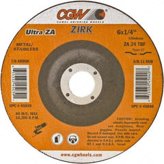 Camel Grinding Wheels - 24 Grit, 6" Wheel Diam, 1/4" Wheel Thickness, Type 27 Depressed Center Wheel - Coarse Grade, Zirconia Alumina, Resinoid Bond, 10,200 Max RPM - Eagle Tool & Supply