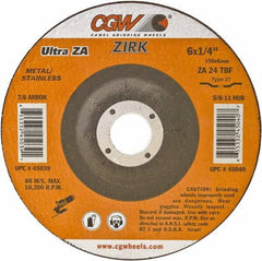 Camel Grinding Wheels - 24 Grit, 5" Wheel Diam, 1/4" Wheel Thickness, Type 27 Depressed Center Wheel - Coarse Grade, Zirconia Alumina, Resinoid Bond, 12,250 Max RPM - Eagle Tool & Supply