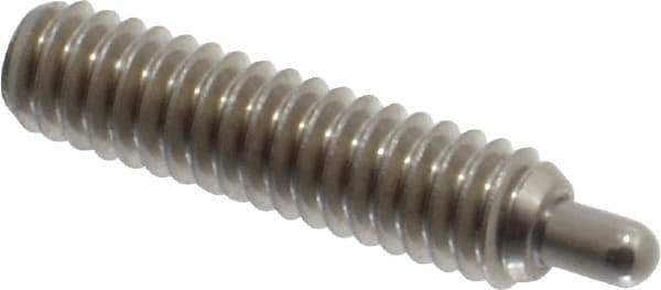 Vlier - 1/4-20, 1" Thread Length, 3/16" Plunger Projection, Stainless Steel Threaded Spring Plunger - 0.117 - 0.118" Max Plunger Diam, 1" Plunger Length, 3 Lb Init End Force, 13 Lb Final End Force, 0.079" Hex - Eagle Tool & Supply