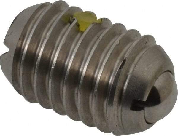 Vlier - 1/2-13, 0.281" Ball Diam, 0.75" Body Length, 0.072" Max Ball Reach, Threaded Ball Plunger - Stainless Steel Body, Stainless Steel Ball, 6 Lb Initial End Force, 12 Lb Final End Force, Locking Element - Eagle Tool & Supply