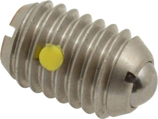Vlier - 1/2-13, 0.281" Ball Diam, 0.75" Body Length, 0.072" Max Ball Reach, Threaded Ball Plunger - Stainless Steel Body, Stainless Steel Ball, 6 Lb Initial End Force, 30 Lb Final End Force, Locking Element - Eagle Tool & Supply