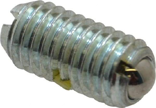 Vlier - M8x1.25, 5mm Ball Diam, 16mm Body Length, 1.5mm Max Ball Reach, Threaded Ball Plunger - Steel Body, Steel Ball, 1.12 Lb Initial End Force, 2.25 Lb Final End Force, Locking Element - Eagle Tool & Supply