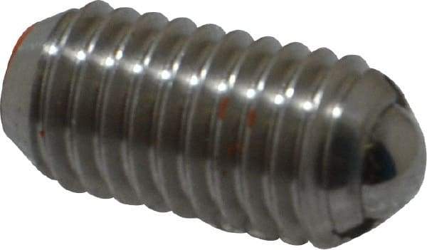 Vlier - M8x1.25, 5mm Ball Diam, 16mm Body Length, 1.5mm Max Ball Reach, Threaded Ball Plunger - Stainless Steel Body, Stainless Steel Ball, 9 Lb Initial End Force, 13.49 Lb Final End Force - Eagle Tool & Supply