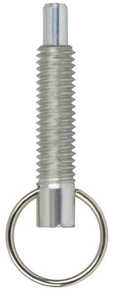 Vlier - M6x1.0, 0.8" Thread Length, 4mm Plunger Diam, 6.4mm Plunger Projection, 4.4 N Init to 11 N Final End Force, Steel Locking Pull Ring Plunger - 20.3mm Len Under Head, 29mm Body Len, 16mm Ring Diam, 1.1" Plunger Len, 0.3" Head Height, Locking Element - Eagle Tool & Supply