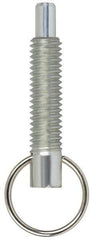 Vlier - M6x1.0, 0.8" Thread Length, 4mm Plunger Diam, 6.4mm Plunger Projection, 4.4 N Init to 11 N Final End Force, Steel Locking Pull Ring Plunger - 20.3mm Len Under Head, 29mm Body Len, 16mm Ring Diam, 1.1" Plunger Len, 0.3" Head Height, Locking Element - Eagle Tool & Supply