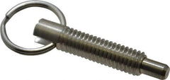 Vlier - 3/8-16, 1.2" Thread Length, 0.233" Plunger Diam, 3/8" Plunger Projection, 2 Lb Init to 4 Lb Final End Force, Stainless Steel Locking Pull Ring Plunger - 1.2" Len Under Head, 1.68" Body Len, 0.98" Ring Diam, 1.68" Plunger Len, 0.48" Head Height - Eagle Tool & Supply