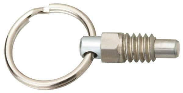 Vlier - 1/2-13, 0.41" Thread Length, 0.31" Plunger Diam, 0.38" Plunger Projection, 1 Lb Init to 4 Lb Final End Force, Stainless Steel Pull Ring Plunger - 0.56" Len Under Head, 0.81" Body Len, 1" Ring Diam, 1.06" Plunger Len, 1/2" Hex, 1/4" Head Height - Eagle Tool & Supply