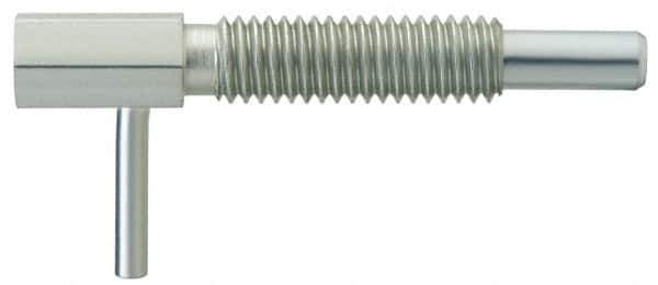Vlier - M6x1.0, 0.788" Thread Length, 4mm Plunger Diam, 2.2 N Init to 11.1 N Final End Force, Stainless Steel Locking L Handle Plunger - 32mm Body Length, 20mm Length Under Head, 10mm Plunger Projection - Eagle Tool & Supply