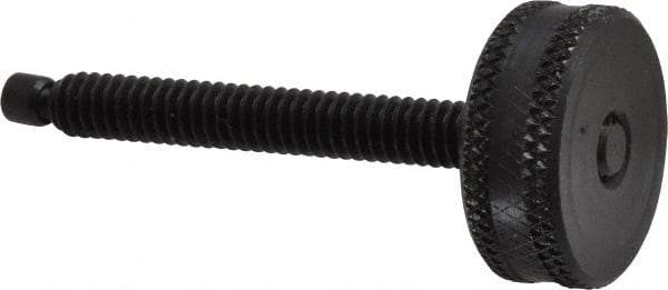 Vlier - 1/4-20 Knurled Shoulderless Swivel Pad Tip Steel Thumb Screw - 2-3/8" OAL, 1" Head Diam x 3/8" Head Height, Black Oxide Finish - Eagle Tool & Supply