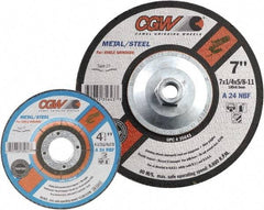 Camel Grinding Wheels - 24 Grit, 5" Wheel Diam, 1/4" Wheel Thickness, 7/8" Arbor Hole, Type 27 Depressed Center Wheel - Coarse Grade, Aluminum Oxide, Resinoid Bond, 12,250 Max RPM - Eagle Tool & Supply
