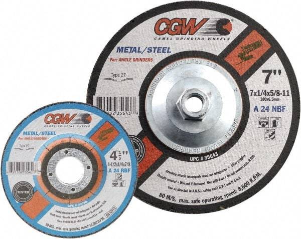 Camel Grinding Wheels - 24 Grit, 6" Wheel Diam, 1/4" Wheel Thickness, 7/8" Arbor Hole, Type 27 Depressed Center Wheel - Coarse Grade, Aluminum Oxide, Resinoid Bond, 10,200 Max RPM - Eagle Tool & Supply
