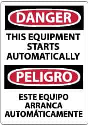 NMC - "Danger - This Equipment Starts Automatically", 14" Long x 10" Wide, Pressure-Sensitive Vinyl Safety Sign - Rectangle, 0.004" Thick, Use for Accident Prevention - Eagle Tool & Supply
