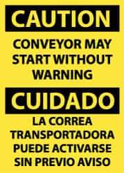 NMC - "Caution - Conveyor May Start without Warning", 14" Long x 10" Wide, Pressure-Sensitive Vinyl Safety Sign - Rectangle, 0.004" Thick, Use for Accident Prevention - Eagle Tool & Supply