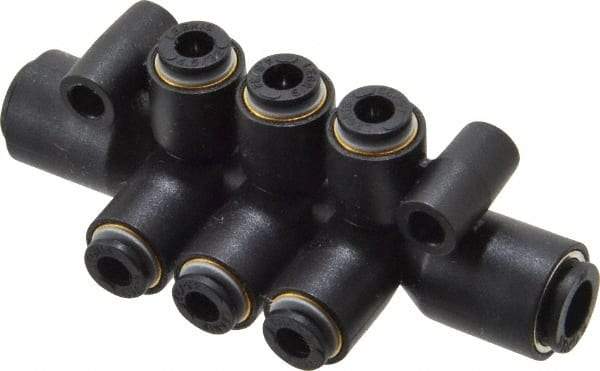 Legris - 1/4 x 5-32" Outside Diam, Nylon Push-to-Connect Tube Double Multiple Tee with Mounting Holes - 290 Max psi, Black - Eagle Tool & Supply