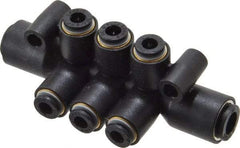 Legris - 1/4 x 5-32" Outside Diam, Nylon Push-to-Connect Tube Double Multiple Tee with Mounting Holes - 290 Max psi, Black - Eagle Tool & Supply