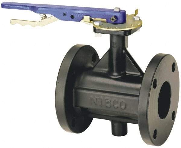NIBCO - 5" Pipe, Flanged Butterfly Valve - Lever Handle, Cast Iron Body, Polyamide Seat, 200 WOG, Buna-N Coated Ductile Iron Disc, Stainless Steel Stem - Eagle Tool & Supply