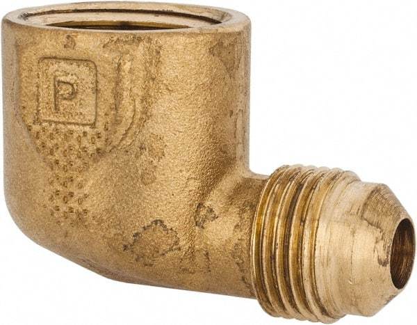 Parker - 3/8" Tube OD, 45° Brass Flared Tube Female Elbow - 1/2-14 NPTF, Flare x FNPTF Ends - Eagle Tool & Supply