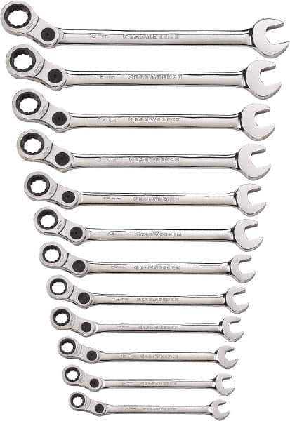 GearWrench - 12 Piece, 8mm to 19mm, 12 Point Combination Wrench Set - Metric Measurement Standard, Chrome Finish - Eagle Tool & Supply