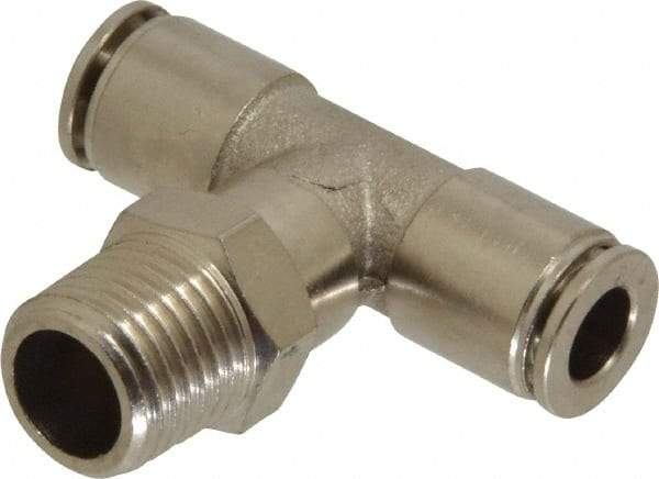 Value Collection - 1/4" Outside Diam, 1/4 NPT, Nickel Plated Brass Push-to-Connect Tube Male Branch Tee - 150 Max psi, Tube to Male NPT Connection, Brass O-Ring - Eagle Tool & Supply