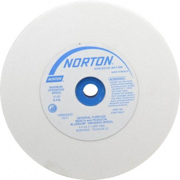 Norton - 100 Grit Aluminum Oxide Bench & Pedestal Grinding Wheel - 6" Diam x 1" Hole x 3/4" Thick, 4140 Max RPM, J Hardness, Fine Grade , Vitrified Bond - Eagle Tool & Supply