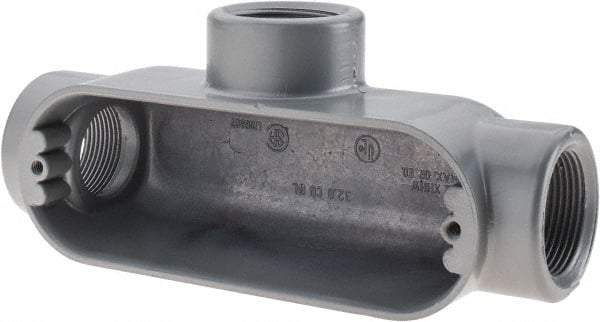 Thomas & Betts - T Body, 1-1/4" Trade, IMC, Rigid Aluminum Conduit Body - Oval, 7-7/8" OAL, 32 cc Capacity, Gray - Eagle Tool & Supply