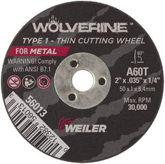 Weiler - 2" 60 Grit Aluminum Oxide Cutoff Wheel - 0.035" Thick, 1/4" Arbor, 30,000 Max RPM, Use with Die Grinders - Eagle Tool & Supply