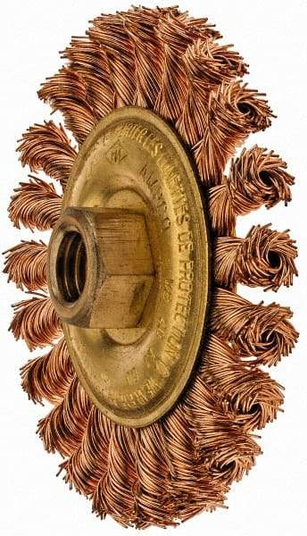 Ampco - 4" OD, 5/8-11 Arbor Hole, Knotted Phosphorus Bronze Alloy Wheel Brush - 3/8" Face Width, 9/16" Trim Length, 20,000 RPM - Eagle Tool & Supply