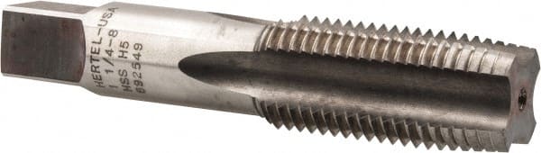 Hertel - 1-1/4 - 8 UNS 4 Flute Bright Finish High Speed Steel Straight Flute Standard Hand Tap - Taper, Right Hand Thread, 5-3/4" OAL, 2-9/16" Thread Length, H5 Limit, Oversize - Exact Industrial Supply