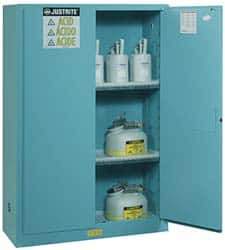 Justrite - 2 Door, 2 Shelf, Blue Steel Standard Safety Cabinet for Corrosive Chemicals - 65" High x 43" Wide x 18" Deep, Manual Closing Door, 3 Point Key Lock, 45 Gal Capacity - Eagle Tool & Supply