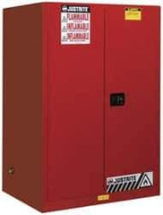 Justrite - 2 Door, 2 Shelf, Red Steel Standard Safety Cabinet for Flammable and Combustible Liquids - 65" High x 43" Wide x 34" Deep, Manual Closing Door, 3 Point Key Lock, 90 Gal Capacity - Eagle Tool & Supply