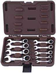 Paramount - 9 Piece, 1/4" to 3/4", Stubby Ratcheting Reversible Combination Wrench Set - Inch Measurement Standard, Full Polish Chrome Finish, Comes in Blow Molded Case - Eagle Tool & Supply