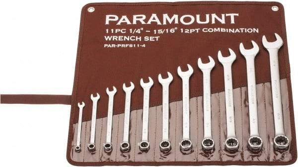 Paramount - 11 Piece, 1/4" to 15/16", Combination Wrench Set - Inch Measurement Standard, Satin Chrome Finish, Comes in Canvas Roll - Eagle Tool & Supply