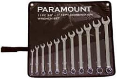 Paramount - 11 Piece, 3/8" to 1" (mm), Combination Wrench Set - Inch/Metric Measurement Standard, Full Polish Chrome Finish, Comes in Canvas Roll - Eagle Tool & Supply