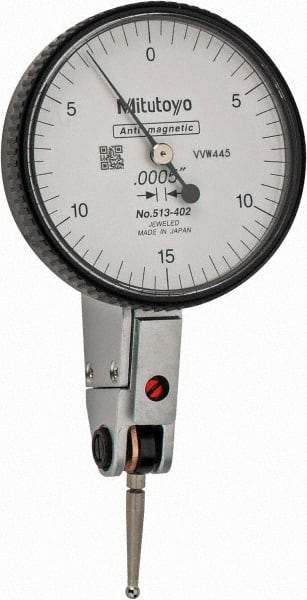 Mitutoyo - 0.03 Inch Range, 0.0005 Inch Dial Graduation, Horizontal Dial Test Indicator - 1.5748 Inch White Dial, 0-15-0 Dial Reading, Accurate to 0.0005 Inch - Eagle Tool & Supply