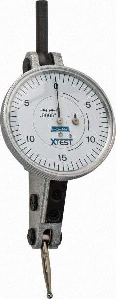 Fowler - 0.06 Inch Range, 0.0005 Inch Dial Graduation, Horizontal Dial Test Indicator - 1-1/2 Inch White Dial, 0-15-0 Dial Reading - Eagle Tool & Supply