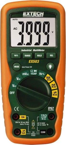 Extech - EX503, CAT IV, 1,000 VAC/VDC, Digital Auto Ranging Average Responding Manual Ranging Multimeter - 40 mOhm, Measures Voltage, Capacitance, Current, Frequency, Resistance - Eagle Tool & Supply