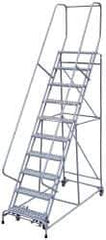 Cotterman - 130" 10 Step Rolling Warehouse Ladder - Assembled, 450 Lb Capacity, 100" Platform Height, 32" Base Width x 74" Base Depth, Perforated Tread - Eagle Tool & Supply