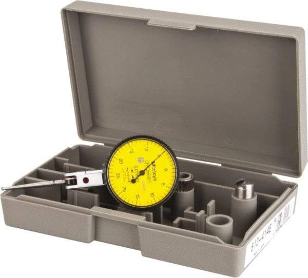 Mitutoyo - 1/2 mm Range, 0.01 mm Dial Graduation, Horizontal Dial Test Indicator - 1.5748 Inch Yellow Dial, 0-25-0 Dial Reading, Accurate to 0.01 Inch - Eagle Tool & Supply