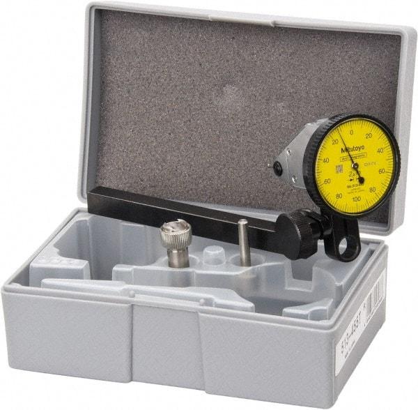 Mitutoyo - 0.2 mm Range, 0.002 mm Dial Graduation, Vertical Dial Test Indicator - 1.5748 Inch Yellow Dial, 0-100-0 Dial Reading, Accurate to 0.003 Inch - Eagle Tool & Supply
