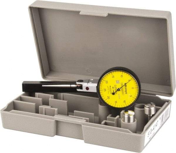 Mitutoyo - 1/2 mm Range, 0.01 mm Dial Graduation, Horizontal Dial Test Indicator - 1.5748 Inch Yellow Dial, 0-25-0 Dial Reading, Accurate to 0.01 Inch - Eagle Tool & Supply