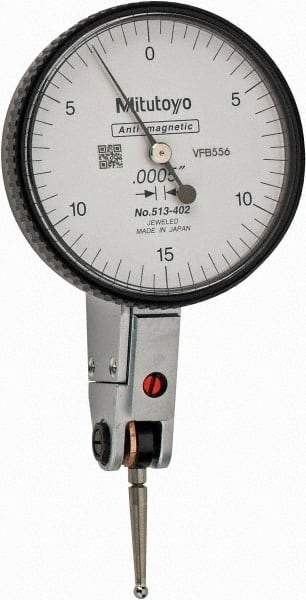 Mitutoyo - 0.03 Inch Range, 0.0005 Inch Dial Graduation, Horizontal Dial Test Indicator - 1.5748 Inch White Dial, 0-15-0 Dial Reading, Accurate to 0.0005 Inch - Eagle Tool & Supply