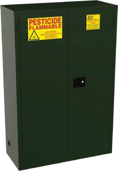 Jamco - 2 Door, 2 Shelf, Green Steel Double Wall Safety Cabinet for Flammable and Combustible Liquids - 65" High x 18" Wide x 43" Deep, Manual Closing Door, 3 Point Key Lock, 45 Gal Capacity - Eagle Tool & Supply