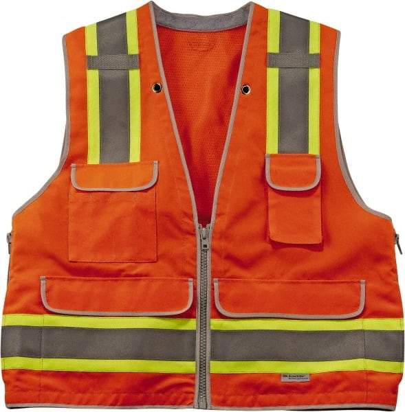 Ergodyne - Size L/XL High Visibility Orange Mesh/Solid Surveyor's Vest - 44 to 52" Chest, ANSI/ISEA 107, Zipper Closure, 6 Pockets, Polyester - Eagle Tool & Supply