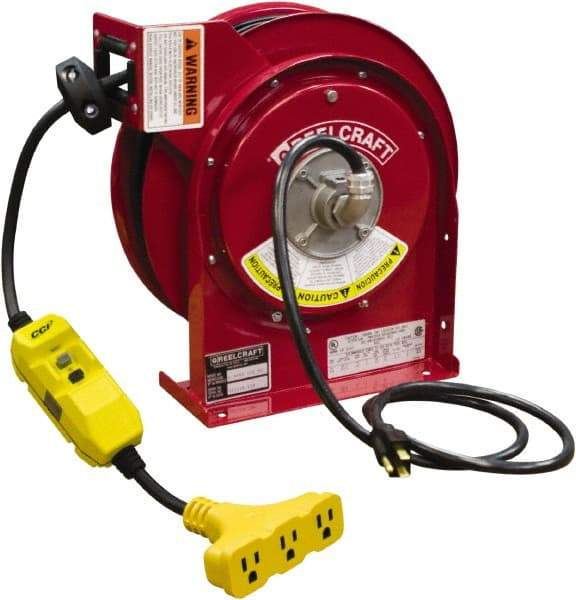 Reelcraft - 12 AWG, 45' Cable Length, Cord & Cable Reel with Triple-Tap with GFCI End - 3 Outlets, NEMA 5-15R, 15 Amps, 125 Volts, SJEOOW Cable, Red Reel, Spring Driven Reel - Eagle Tool & Supply